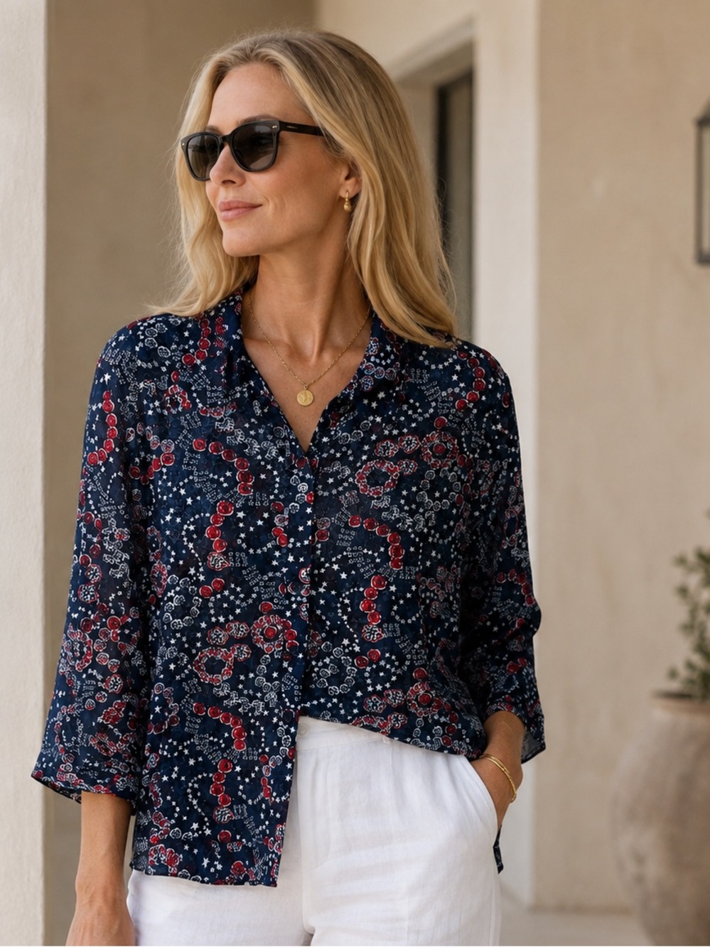 Christopher & Banks Navy/Red White Bandana Type Print 100% Cotton Blouse